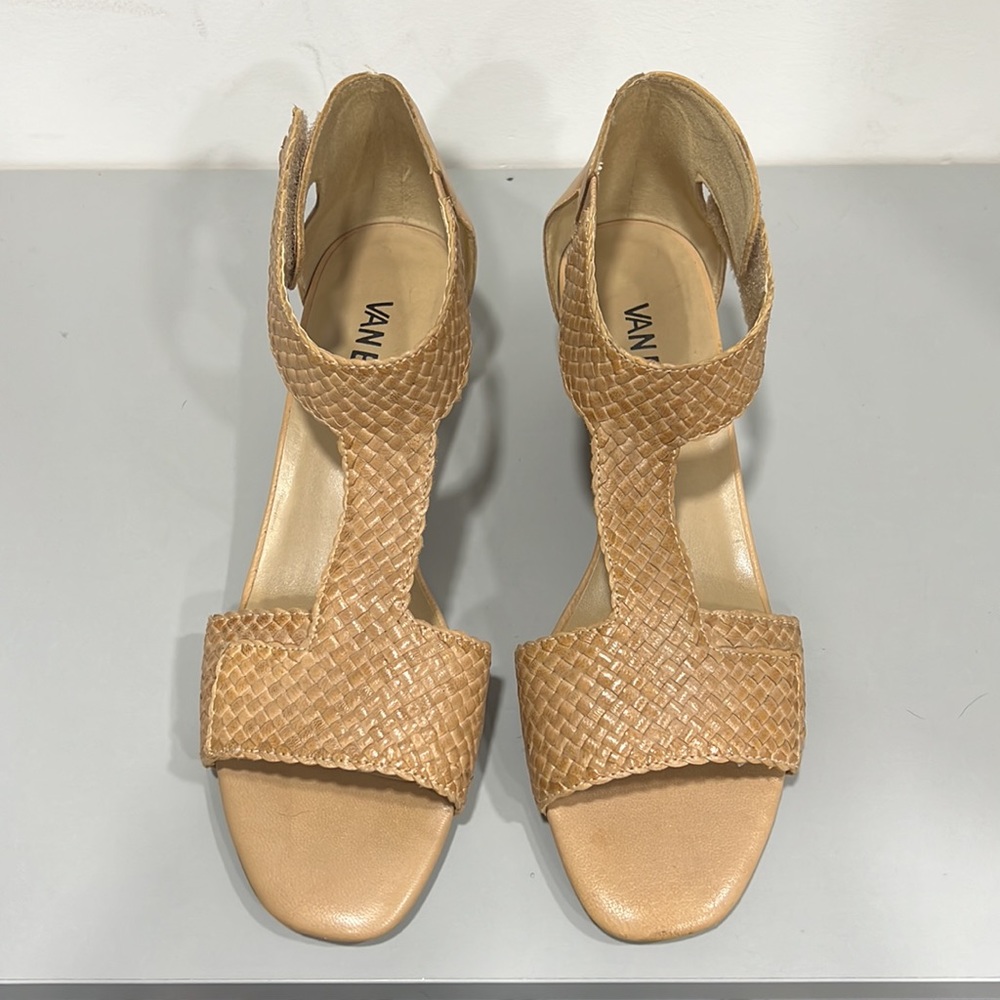 {VAN ELi} Sz 9N Beautiful 1 3/4” Stacked Wood Heel w/Camel Weave Tstrap Shoe - Picture 3 of 11